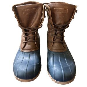 London fog collection midcalf all weather, boot size 7 blue and brown